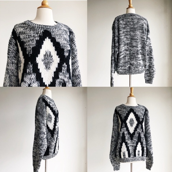 Vintage Sweaters - Vintage black white gray chevron chunky knit crewneck oversized grandpa sweater